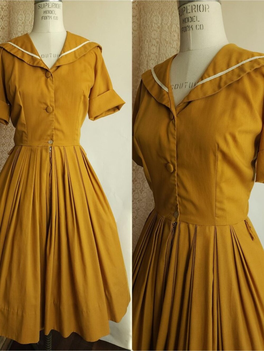 Vintage 1970s Does 1950s Dress, Mustard Yellow Sailor Collar Fit and Flare Shirt